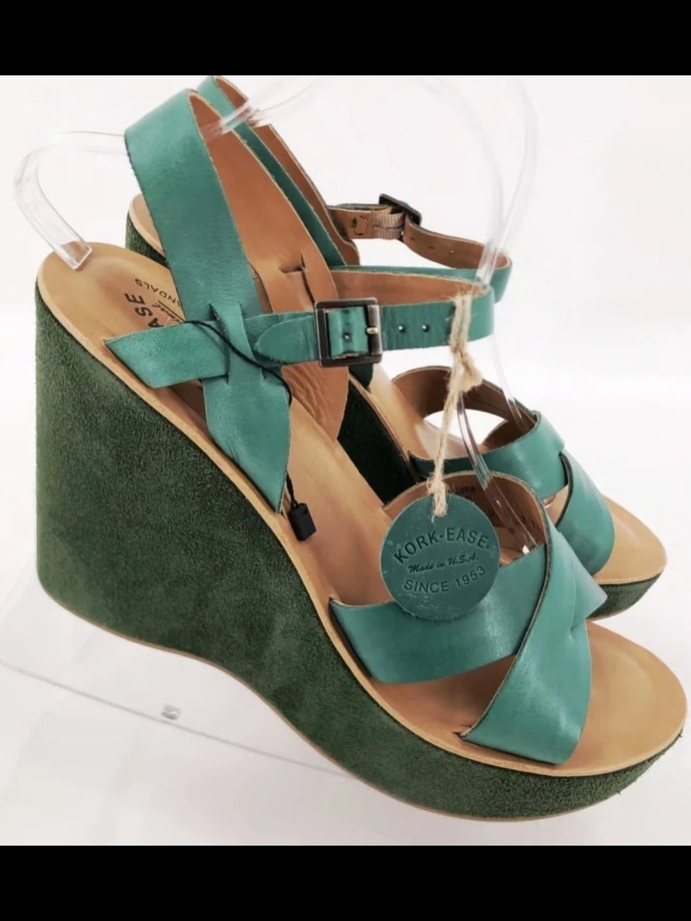 Kork-Ease Green Teal Leather-Covered Wedge Sandals